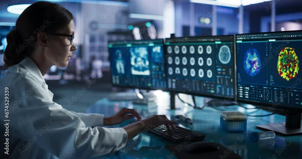 Poster medical research center laboratory: caucasian female neurologist using desktop computer with mri and