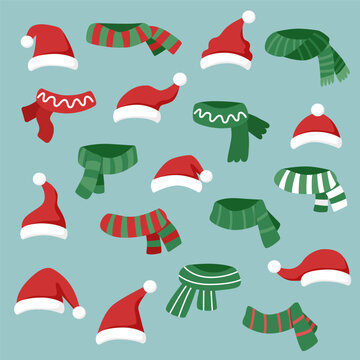 Set Of Santas Hats And Scarves In The Flat Style. Christmas Concept.	
