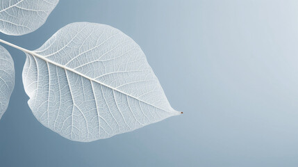 One white single leaf with structure in light blue background  - obrazy, fototapety, plakaty