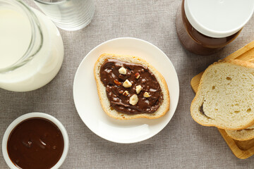Bread with chocolate paste - tasty breakfast or morning food