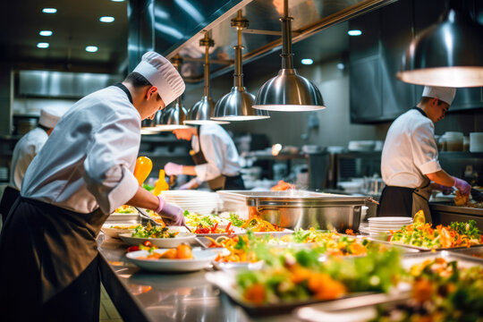 Chefs prepare dinner in a restaurant surrounded by food and other employees.