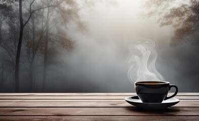 Naklejka na ściany i meble Morning coffee delight. Cup and smoke on wooden table. Dark roast aroma. Closeup of fresh espresso. Vintage tea elegance