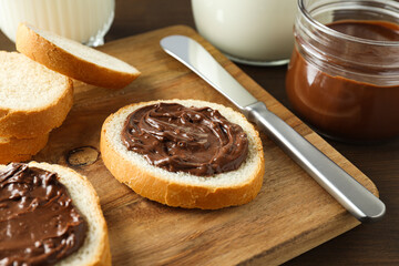 Morning food concept - tasty bread with chocolate pasta