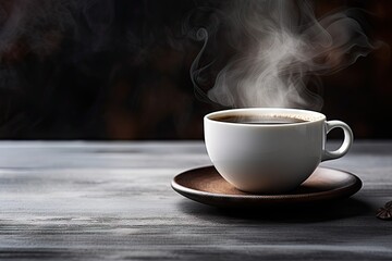 Morning coffee delight. Cup and smoke on wooden table. Dark roast aroma. Closeup of fresh espresso. Vintage tea elegance