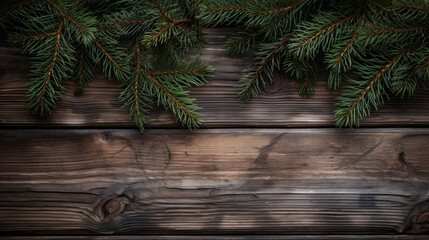 Fir branches on a rough wooden background with copyspace.