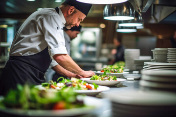Chefs prepare dinner in a restaurant surrounded by food and other employees. - obrazy, fototapety, plakaty