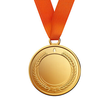 Gold medal on ribbon, award for winning a competition, tournament or contest isolated on white background