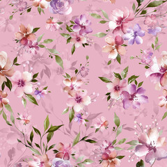 cherry background, Digital blu color all over design, seamless pattern of peonies, buds and leaves on an isolated white background, watercolor illustration, hand drawing, abstract flowers painting