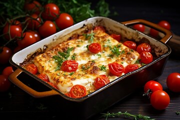 Melted Delight: Baked Feta Cheese with Roasted Cherry Tomatoes Sizzling in a Pan