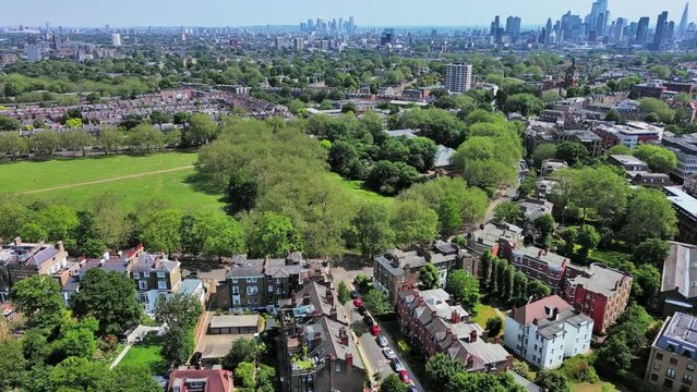 London, England: Aerial view of capital city of UK, Highbury Fields Park in Islington on sunny summer day - landscape panorama of United Kingdom from above