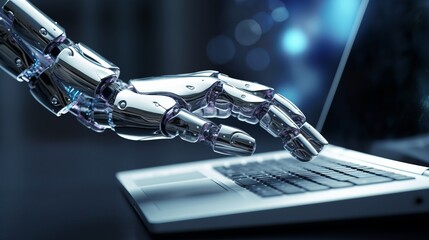 a hand of a robot typing on a laptop, chatbot robotic  futuristic artificial intelligence concept