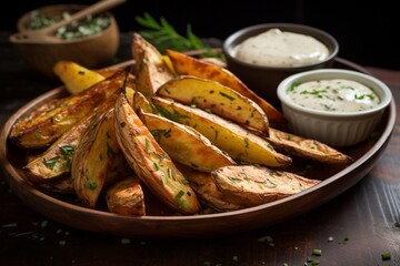 Savory Indulgence: Herb and Parmesan Baked Potato Wedges Served with Delicious Dipping Sauce