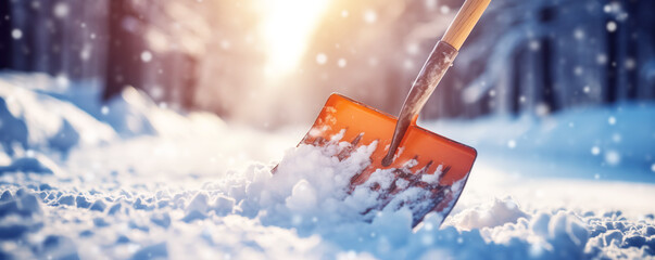 A shovel for clearing snow standing in a snowdrift.
