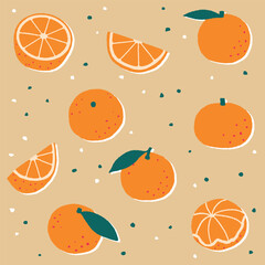 Vector illustration of orange fruit pattern. Juicy organic fruits background for fabric, paper, decor, decoration, print. orange background texture isolated.