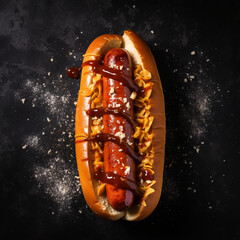 top view of a hot-dog on the dark countertop - obrazy, fototapety, plakaty