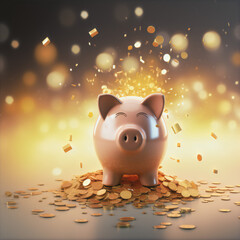 Piggy bank saves a lot of money gold shower coins advertisement wallpaper background