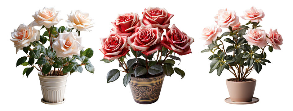 collection of rose ornamental plants in pots, isolated on a transparent background, generative ai