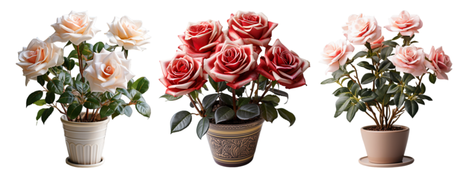 collection of rose ornamental plants in pots, isolated on a transparent background, generative ai