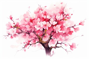 Fototapeta premium Spring Symphony: Cherry Blossom Tree Branch in Breathtaking Watercolor Illustration