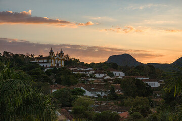 Panoramic aerial view of the city of Tiradentes with colorful sky at sunset, Minas Gerais.