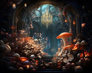 Mysterious fantasy interior with mushrooms. 3D render illustration.