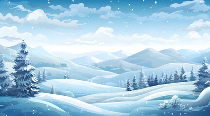 Serene winter landscape with falling snow and snow-covered mountains and forest.