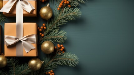 Christmas concept with of gifts and spruce branches, top view, copy space. AI generated