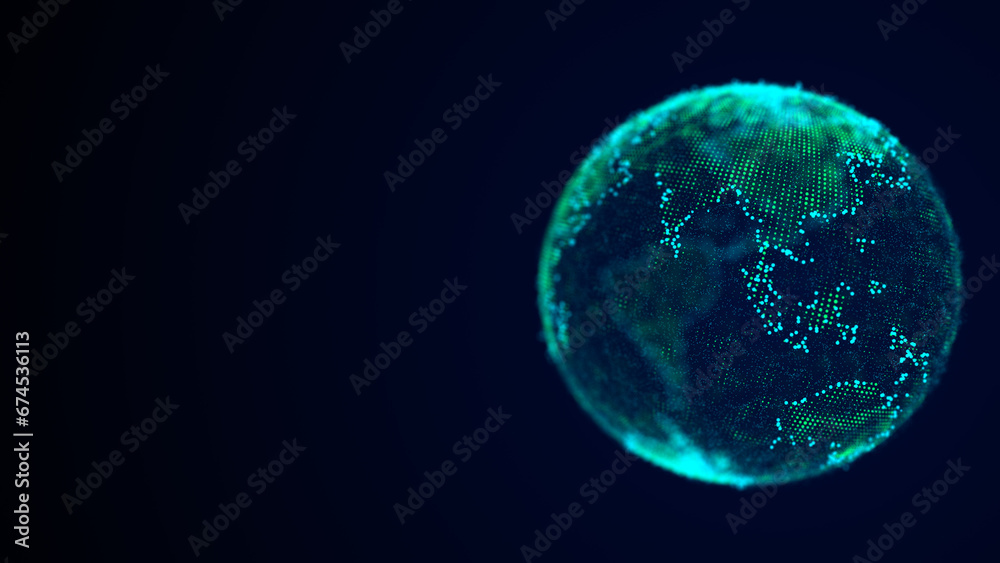 Wall mural virtual planet earth with particles and lines. network connection big data. animation of nuclear and