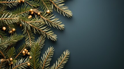 Christmas concept with of gifts and spruce branches, top view, copy space. AI generated