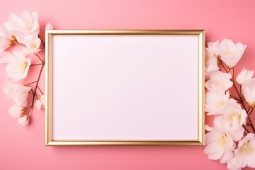 Golden Elegance: Graphic Mock-up Featuring White and Gold Frame on a Pink Background for Art Display