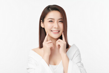 Fototapeta premium Beautiful young asian woman with clean fresh skin on white background, Face care, Facial treatment, Cosmetology, beauty and spa, Asian women portrait.