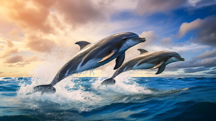 Dolphins Leaping in the Ocean.  Generated Image.  A digital rendering of a pair of dolphins leaping out of the water in the ocean.