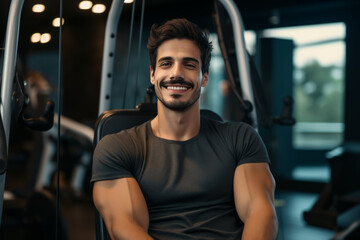 Fototapeta na wymiar portrait of bodybuilder resting in gym while looking at camera. Healthy lifestyle. personal trainer