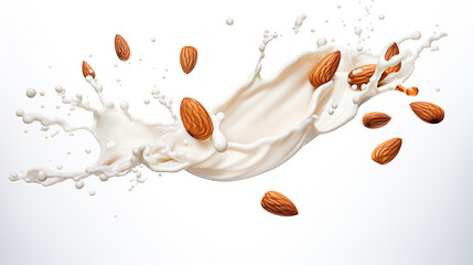 Fresh natural almond milk splash swirl with almonds isolated.