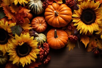 Obraz na płótnie Canvas Autumn's Palette: Pumpkins, Sunflowers, and Fall Foliage Adorned in a Seasonal Backdrop