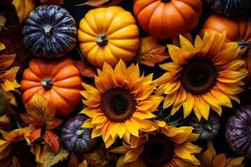 Autumn's Palette: Pumpkins, Sunflowers, and Fall Foliage Adorned in a Seasonal Backdrop