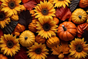 Autumn's Palette: Pumpkins, Sunflowers, and Fall Foliage Adorned in a Seasonal Backdrop