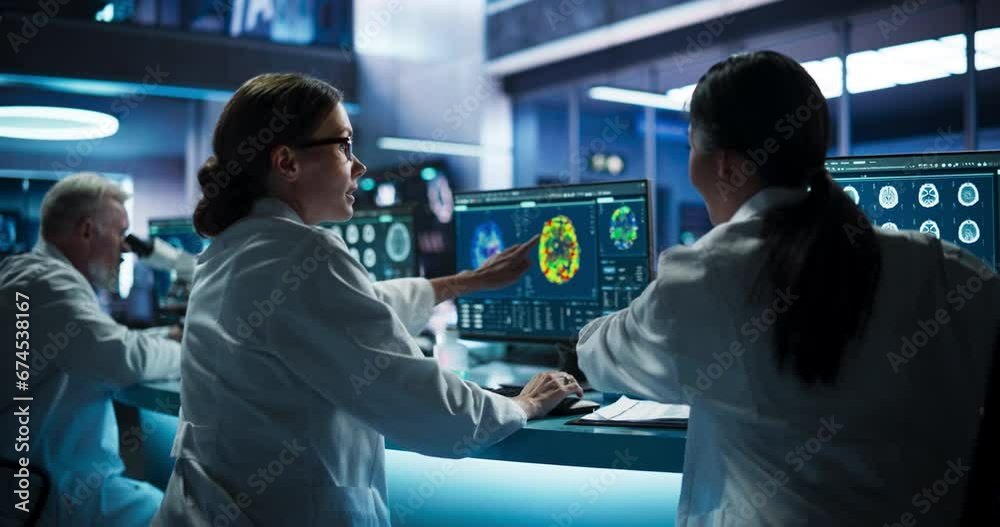 Poster back view of diverse scientists working in medical research center. male doctor using microscope and