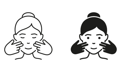 Massage for Woman Face Line and Silhouette Black Icon Set. Facial Massage Beauty Treatment Pictogram. Female Manual Anti Aging Skin Care Procedure Symbol Collection. Isolated Vector Illustration