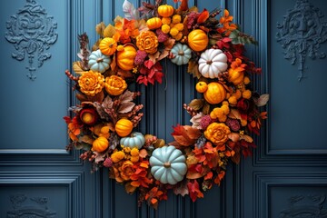 Thanksgiving Wreath Adorned with Leaves and Pumpkins on a Door
