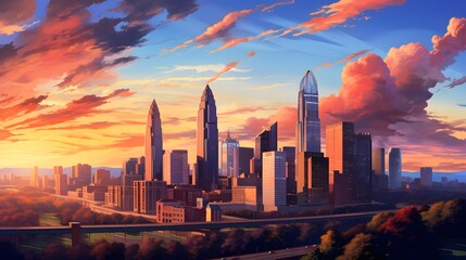 Fototapeta na wymiar Panoramic view of the city skyline at sunset. 3D rendering