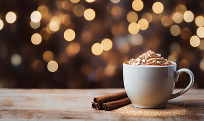 cup of coffee with cinnamon sticks in Christmas time with lights bokeh background - obrazy, fototapety, plakaty