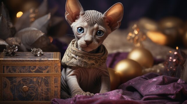 Sphinx kitten sitting near gift boxes with ribbons, Happy New Year, blurred lights background. Sphinx. Horizontal banking background for web. Photo AI Generated