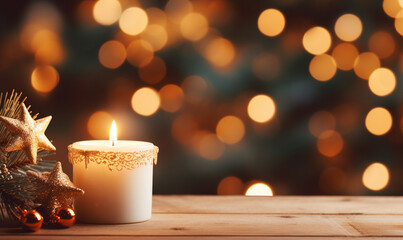 candle decorations in Christmas time with lights bokeh background