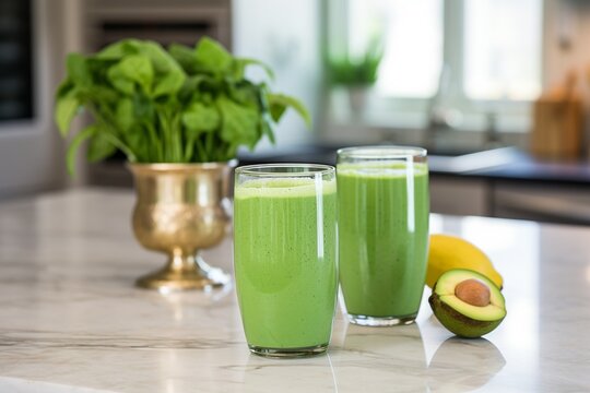 Refreshing Green Smoothies on Kitchen Countertop