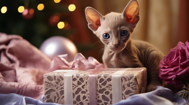 Sphinx kitten plays in a gift box with ribbons on Christmas Eve, blurred lights background. Sphinx. Horizontal banking background for web. Photo AI Generated