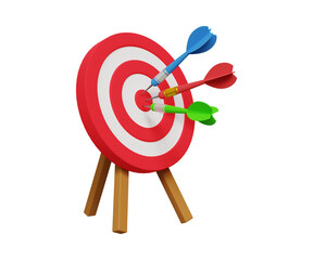 3D business challenge concept. Setting goals correctly. Multiple arrows hitting the center of target. 3d illustration
