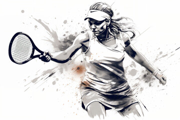 Silhouette of an athlete female tennis player at a match sport tournament event competition, exemplifying athleticism and competitive spirit, computer Generative AI stock illustration image - obrazy, fototapety, plakaty