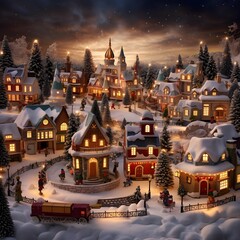 Christmas and New Year holidays background. Christmas landscape with houses in the snow.