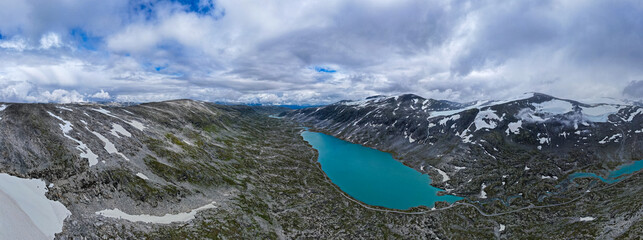 Aerial view above the glaciers melting into the permafrost of Jostedalsbreen National Park	